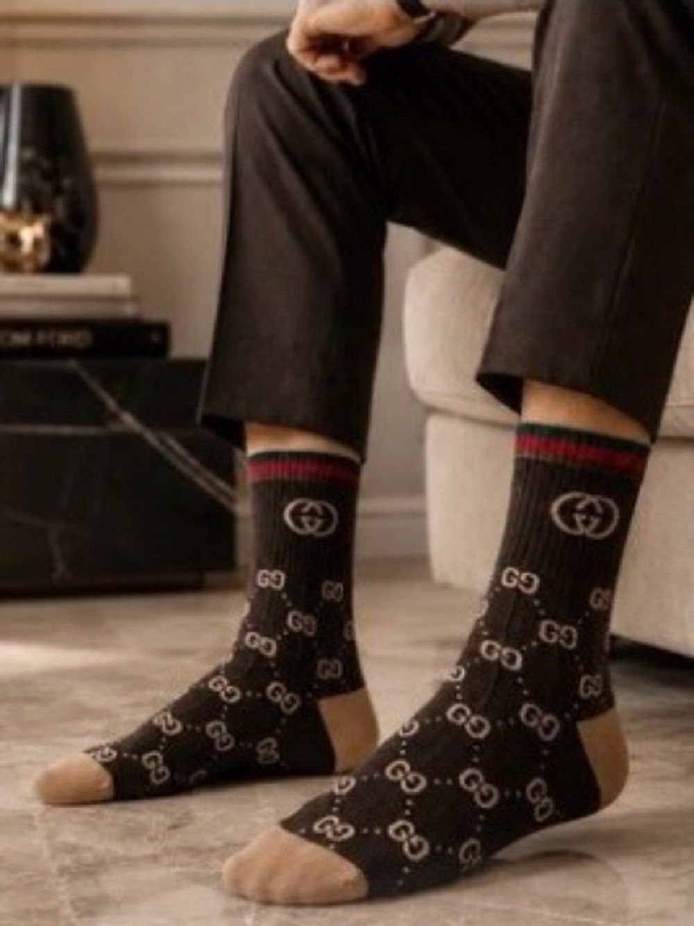 Gucci Brown GG Monogram Crew Socks with Red and Green Stripe